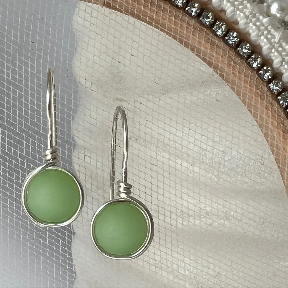 Green Sea Glass Minimalist Wire Wrapped Earrings